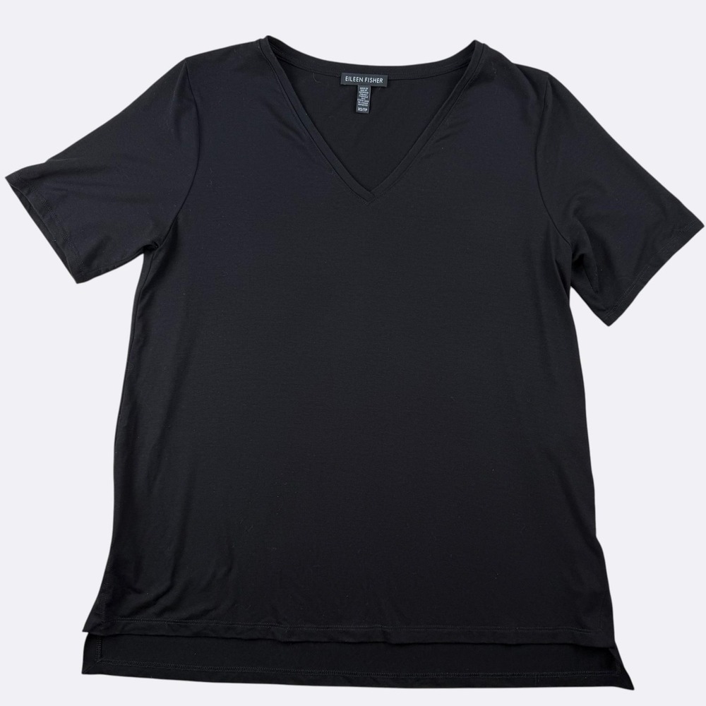 Eileen Fisher Shirt Womens XS Black V Neck Tencel Lyocell Short Sleeve Tee Soft
